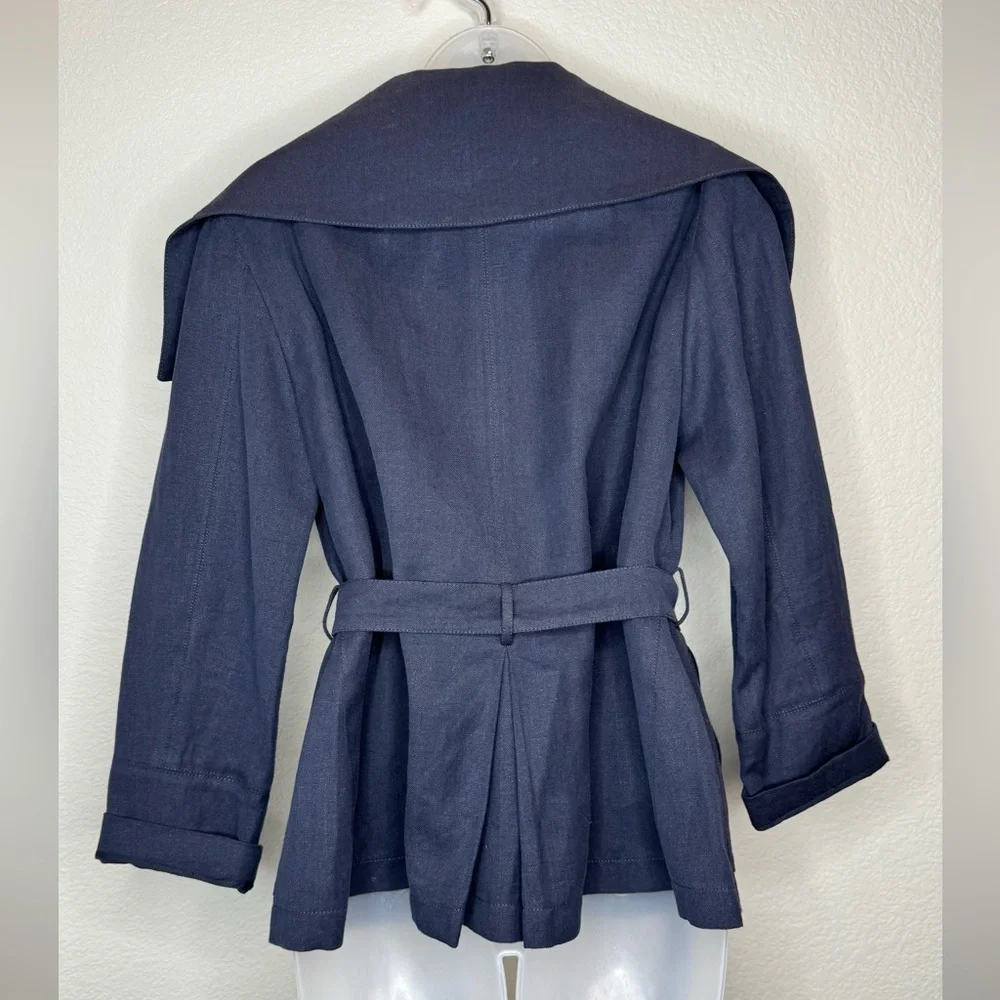 Giorgio Armani Short‎ Belted Trench Jacket Linen Blend M Navy Blue